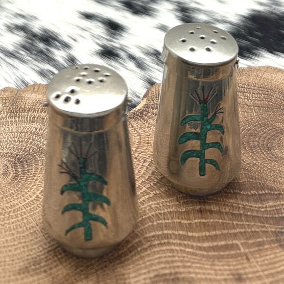 1970s Native American NAVAJO Sterling Silver Salt & Pepper Shakers Corn Stalks - Picture 1 of 2